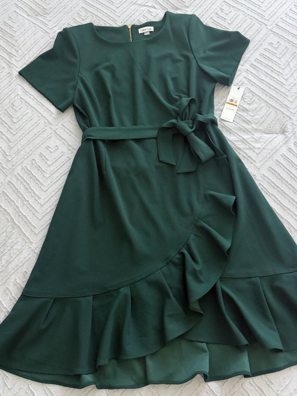 Calvin Klein Belted Ruffle Green Dress